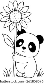 Adorable panda sitting and hugging a tall sunflower plant