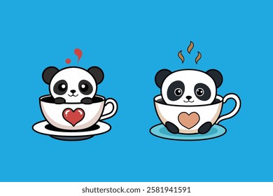 Adorable panda sitting inside a teacup with steam forming a heart shape. Cute and charming vector artwork perfect for prints, stickers, and merchandise.