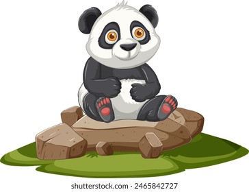 Adorable panda sitting on rocks, looking happy