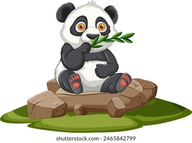 Adorable panda sitting on rocks eating bamboo