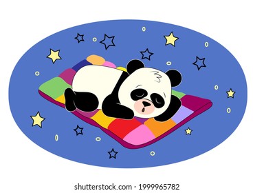 Adorable panda sleeps on a soft blanket soaring in the starry sky