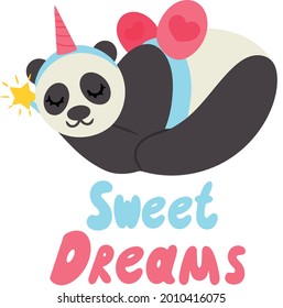 Adorable panda in unicorn fairy costume with magic wand in its paws. Image is isolated on white background with inscription. Vector illustration. Design element.