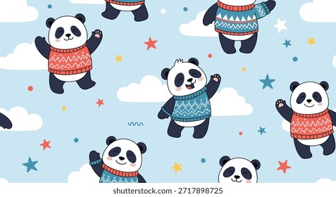 Los pandas adorables que llevan suéteres azules y rojos estampados entre las estrellas y las nubes crean un patrón sin costuras de invierno acogedor para las mantas de los niños.