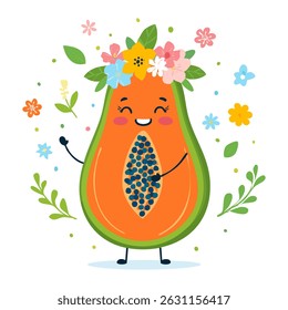 Adorable papaya character smiling with flower crown and surrounded by floral background. Perfect for kids’ nature and tropical-themed illustrations