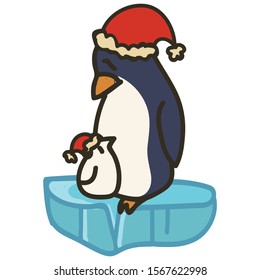 Adorable Parent Christmas Penguin Clip Art. Arctic Animal Icon. Hand Drawn kawaii Polar Bird Motif Illustration Doodle In Flat Color. Isolated Baby, Nursery and Christmas Bird. Vector.