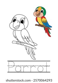 Adorable parrot coloring page for kids in EPS format, featuring a simple and playful cartoon-style design. Perfect for creative, educational activities and printable fun!