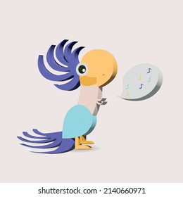 Adorable parrot singing song. Bird character with bright violet and blue feathers. 3D illustration.