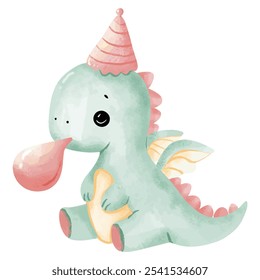 Adorable Party Dinosaur Illustration in Watercolor Style