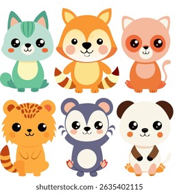 Adorable Pastel Animal Vectors for Kids – Cartoon Style Lion, Elephant, Panda, Fox, Cat, Dog, Bunny, and Tiger"