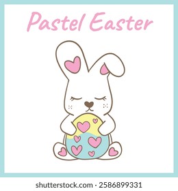 Adorable pastel Easter bunny hugging a decorated egg with heart patterns, featuring soft colors and a playful, festive design