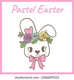 Adorable pastel Easter bunny wearing a colorful floral crown and pink bow, symbolizing spring, nature, and festive holiday celebrations