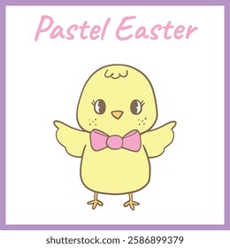 Adorable pastel Easter chick with big eyes and a pink bow tie, standing cheerfully with open wings, perfect for festive designs