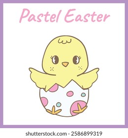 Adorable pastel Easter chick hatching from a decorated egg with pink and blue polka dots, symbolizing new beginnings and springtime joy