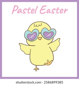 Adorable pastel Easter chick striking a fun pose while wearing stylish heart-shaped sunglasses, radiating a cheerful and playful vibe