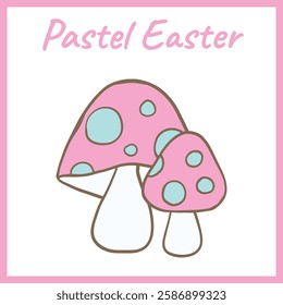 Adorable pastel illustration of two whimsical mushrooms with pink caps and blue polka dots, perfect for fantasy, nature, and spring themes