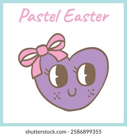 Adorable pastel purple heart with expressive eyes, a pink bow, and a happy face, designed in a hand-drawn cartoon style for Easter