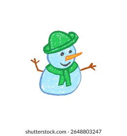 Adorable pastel snowman snowman in green scarf and hat doodle for Xmas and New Year. A cheerful wax crayon drawing by children, great for school or kindergarten blackboard and chalkboard. Vector