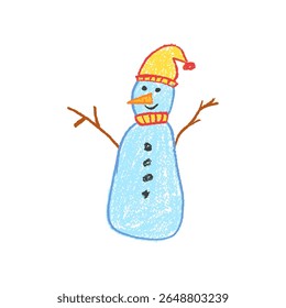 Adorable pastel snowman snowman in yellow scarf and hat doodle for Xmas and New Year. A cheerful wax crayon drawing by children, great for school or kindergarten blackboard and chalkboard. Vector