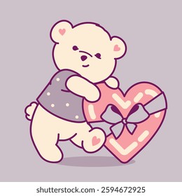 Adorable pastel teddy bear hugging a heart with a tied bow ribbon. A sweet and charming vector illustration for baby showers, Valentine's Day, greeting cards, nursery decor, and children's designs