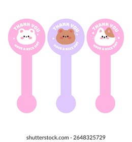 Adorable pastel thank you stickers featuring bear, bunny, and dog faces with “Have a nice day” message. Perfect for sealing packages, gift boxes, or small business branding.