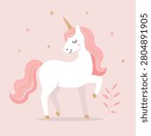Adorable pastel unicorn illustration featuring a white unicorn with a flowing pink mane and tail, golden horn, stars, and decorative leaves. Clean flat vector style perfect for nursery wall art, children