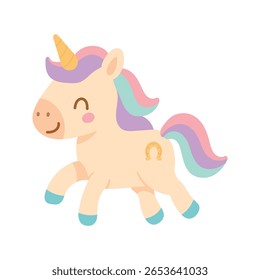 Adorable pastel unicorn with rainbow mane, golden horseshoe, and happy smile. Perfect for kids designs, fantasy themes, and magical character illustrations.