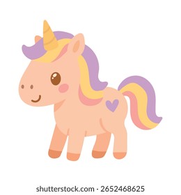 Adorable pastel unicorn with yellow horn and purple mane stands smiling, great for magical animal themes, baby decor, and whimsical fairy tales.