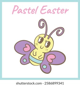 Adorable pastel-colored butterfly with heart-shaped wing details, a happy face, and a hand-drawn style