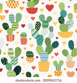 Adorable patchwork cacti and small multi-colored hearts on a white-gray wicker background. Seamless pattern in vector.