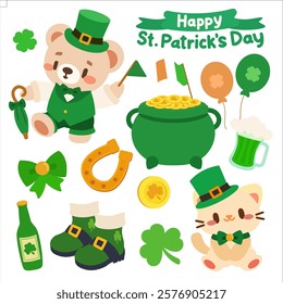 Adorable Patrick's Day clipart set featuring a leprechaun bear, a cat, and various festive icons like shamrocks, gold coins, pots of gold, green beer, and Irish themed decorations.