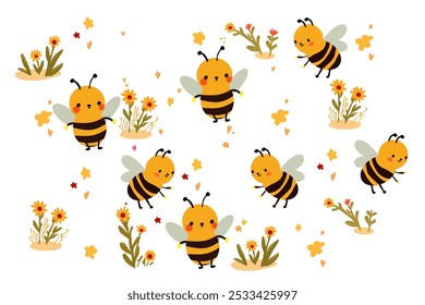 Adorable patrón de abejas de dibujos animados lindos que vuelan alrededor de flores amarillas. Cada abeja tiene una expresión feliz con mejillas rosadas y alas Pequeñas, creando un diseño alegre y juguetón, productos para niños