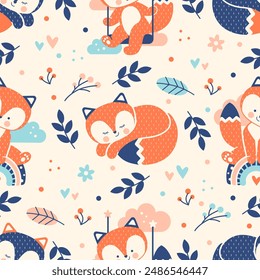 Adorable pattern with cute foxes. Cozy stylized drawn seamless print. Funny cheerful fox cubs. Limited palette. Wrapping paper, fabric, kids bedroom decoration