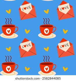 Adorable Pattern Featuring Coffee Cups and Letters Filled with Love and Affection