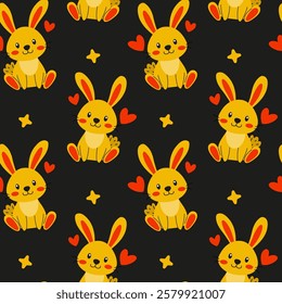 An Adorable Pattern Featuring Cute Cartoon Rabbits Surrounded by Colorful Hearts and Stars