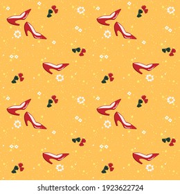 Adorable pattern of hand drawn fashion lifestyle - red high heels, daisy, red and green ribbon, earrings - stylish doodles on stars and glitter yellow color background