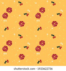 Adorable pattern of hand drawn fashion lifestyle - red and green ribbon, scrunchies, daisy - stylish doodles on stars and glitter yellow color background
