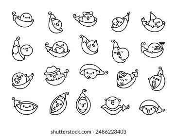 Adorable peas in a pod. Coloring Page. Cute kawaii vegetable with a funny face. Hand drawn style. Vector drawing. Collection of design elements.