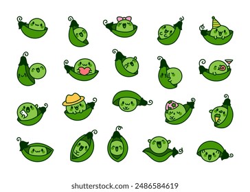 Adorable peas in a pod. Cute kawaii vegetable with a funny face. Hand drawn style. Vector drawing. Collection of design elements.