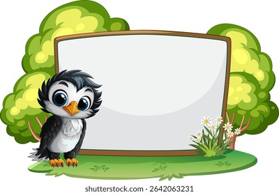 Adorable penguin beside a blank signboard outdoors