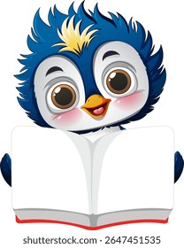 Adorable penguin character holding an open book