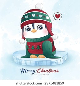 Adorable penguin christmas with watercolor illustration