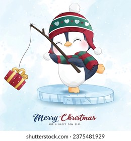 Adorable penguin christmas with watercolor illustration