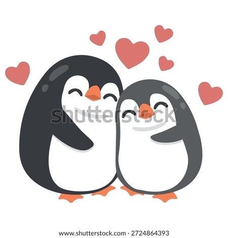 adorable penguin couple hugging each other with pink hearts floating above lovely polar bird characters expressing love and care in flat illustration style for valentines day and romantic concept isolated on white background