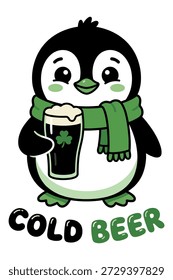 Adorable pingüino vestido para el día de San Patricio con vaso de cerveza con hoja de trébol y bufanda verde