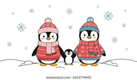 Adorable penguin family enjoying snowy winter weather warmly dressed