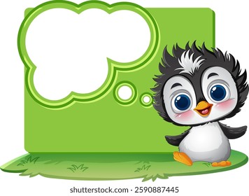 Adorable penguin with a green speech bubble