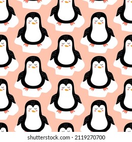 Adorable penguin hand drawn vector illustration. Cute baby background. Funny animals seamless pattern. 