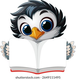 Pinguim adorável segurando um livro aberto, aprendendo alegremente