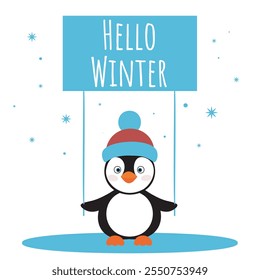 Adorable pingüino sosteniendo signo con texto Hola Invierno