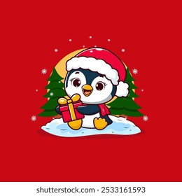  Adorable Penguin Kid Holding a Merry Christmas Gift Box